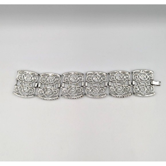 Silver Tone Filigree Bracelet Ornate Vintage Unsigned Fold Over Clasp 7.5" - Picture 7 of 8